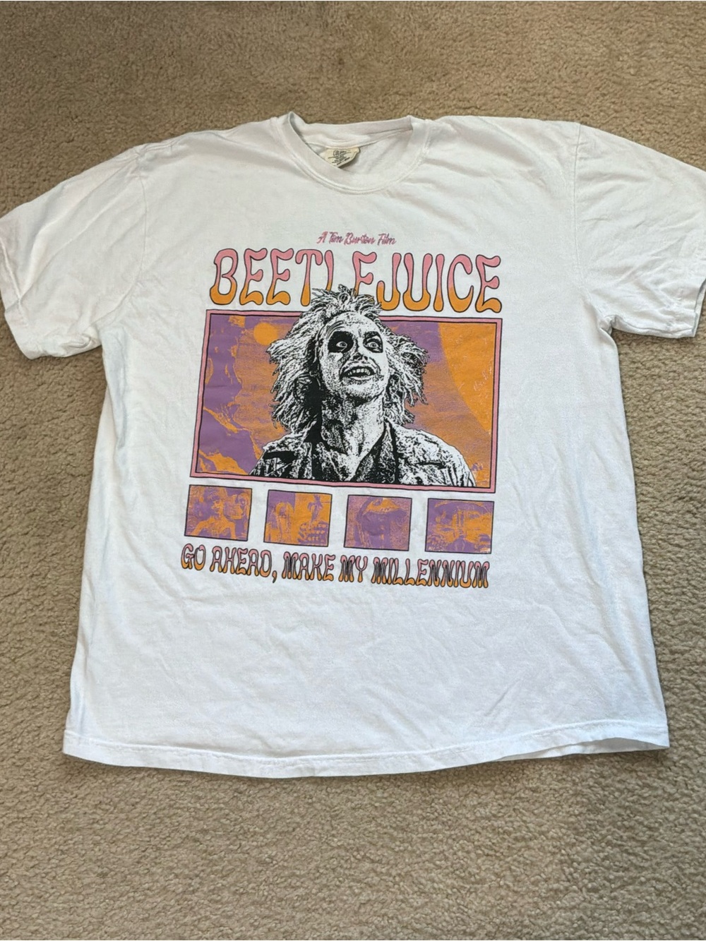 White Beetlejuice Graphic Tee with Purple & Orange Print